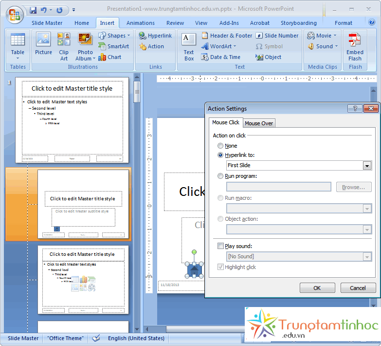 Tạo nút lệnh khi click vào sẽ về slide đầu tiên