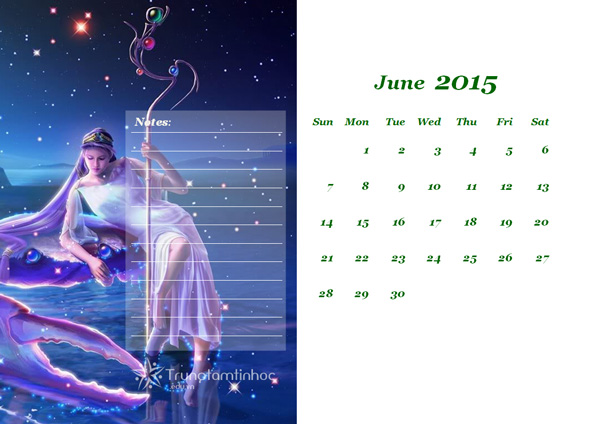 Lịch để bàn năm 2015tự in tháng 6, 12 cung hoàng đạo 