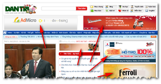 Nhưng đối tượng được chỉ mũi tên đỏ vào là các banner. Ảnh chụp màn hình trang chủ dantri.com.vn
