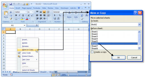 Minh họa sắp xếp Sheet1 đến trước Sheet6