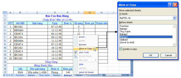 Minh họa sao chép sheet Baitap3 thêm một bản trước khi tính toán