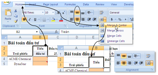 Minh họa nối hai ô B2:B3 và canh giữa cả chiều ngang và dọc