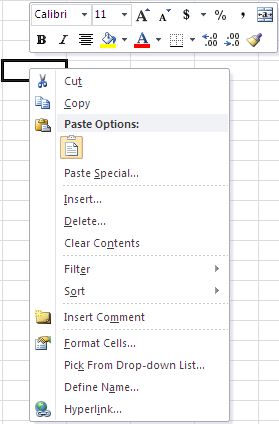 Thực đơn ngữ cảnh trong excel 2007