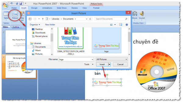 Chèn thêm hình vào slide, Chọn Insert -> Picture -> Chọn hình rồi click nút insert