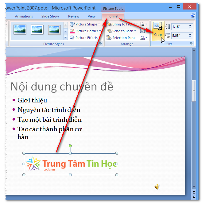 Chọn hình -> chọn thẻ ribbon format -> chọn Crop