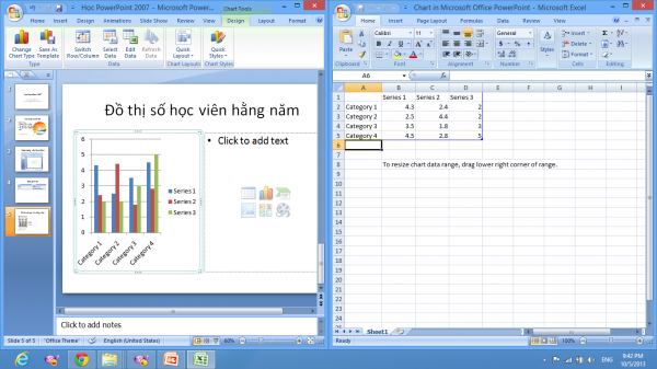 Cửa sổ bảng tính mới chứa dữ liệu cho đồ thị trong PowerPoint