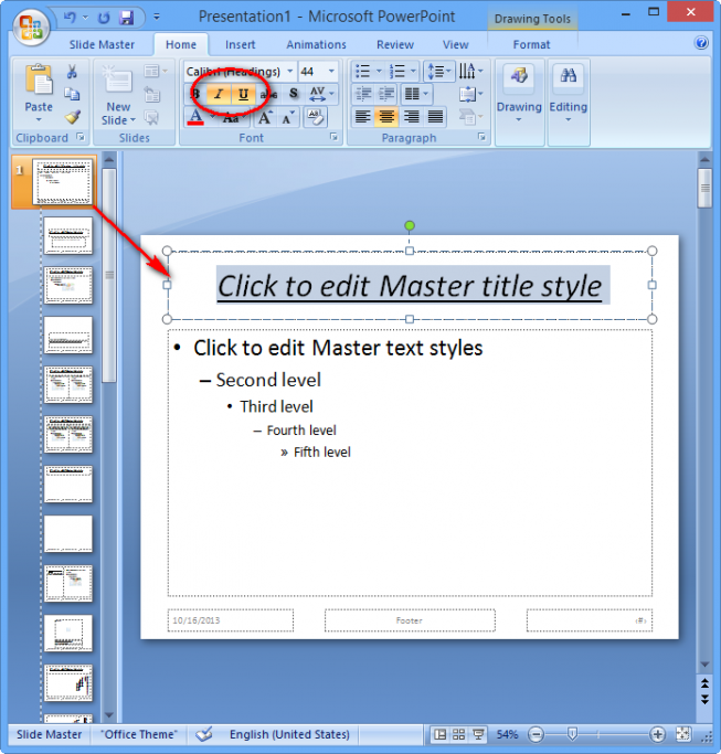 Chọn tiêu đề cửa Slide master