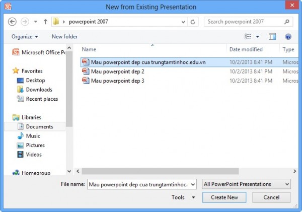 Hộp thoại New from Existing Presentation