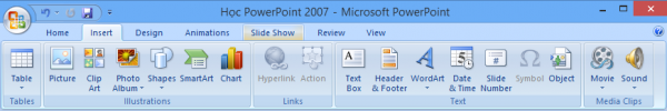 Chèn hình, Album hình, Clip Art, Hình vẽ sharp, SmartArt, Chart, Link, Action, Text box, Header & footer, WordArt, Date & Time, Slide number, Symbol, Movie, Sound, Object,... Vào slide Powerpoint