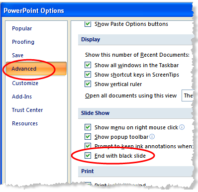 PowerPoint Options cho Slide Show