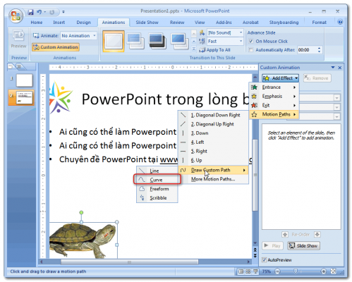 Chọn lênh Curve để thêm hiệu ứng di chuyển theo đường cong