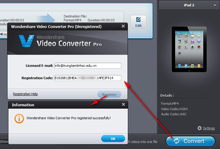 Wondershare Video Converter Pro registered successfully
